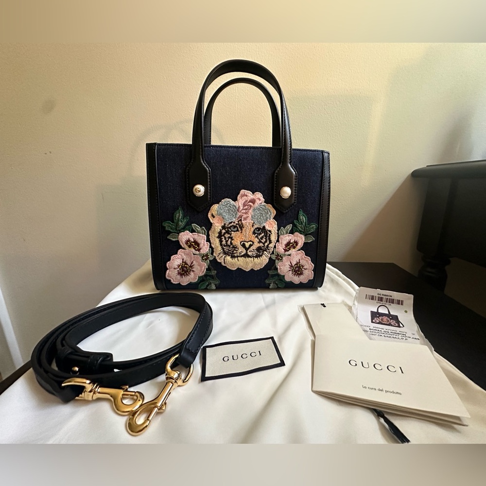 Gucci Denim Tiger Floral Embroidered Mini Tote - Japan exclusive